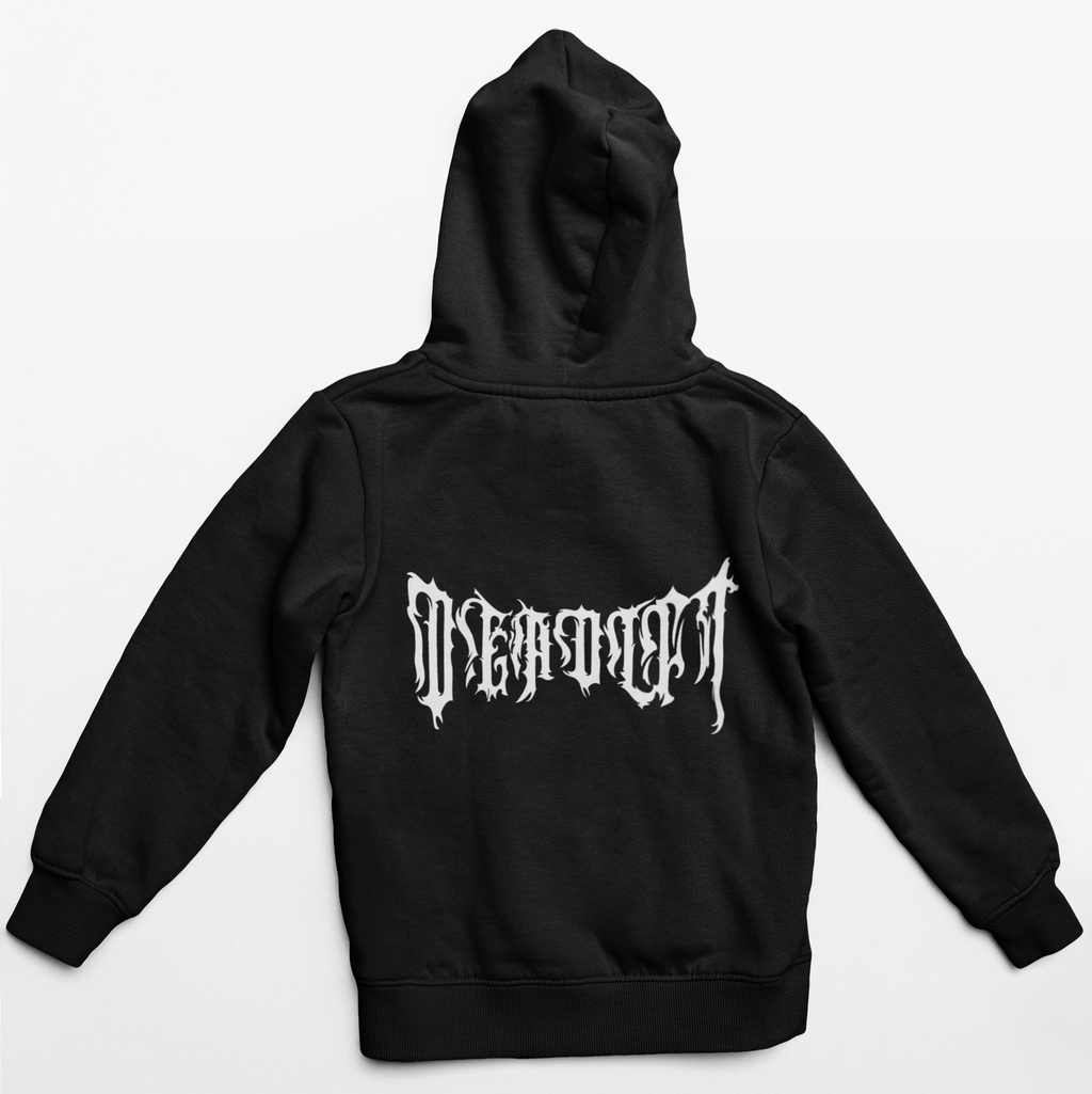 Black workout Hoodie with black metal style DEADLFT logo on the back. 