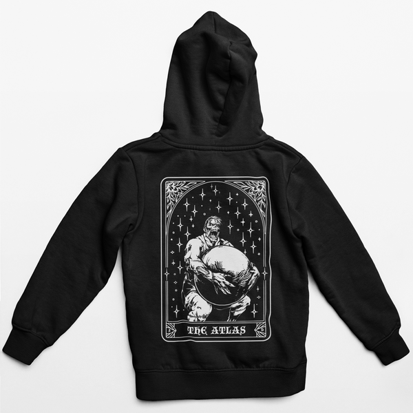 Black hoodie with 'The Atlas' graphic on the back against a white background