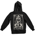 A black pullover hoodie shown from the back, featuring a large white graphic print of 'The Farmer' tarot card character on the back.