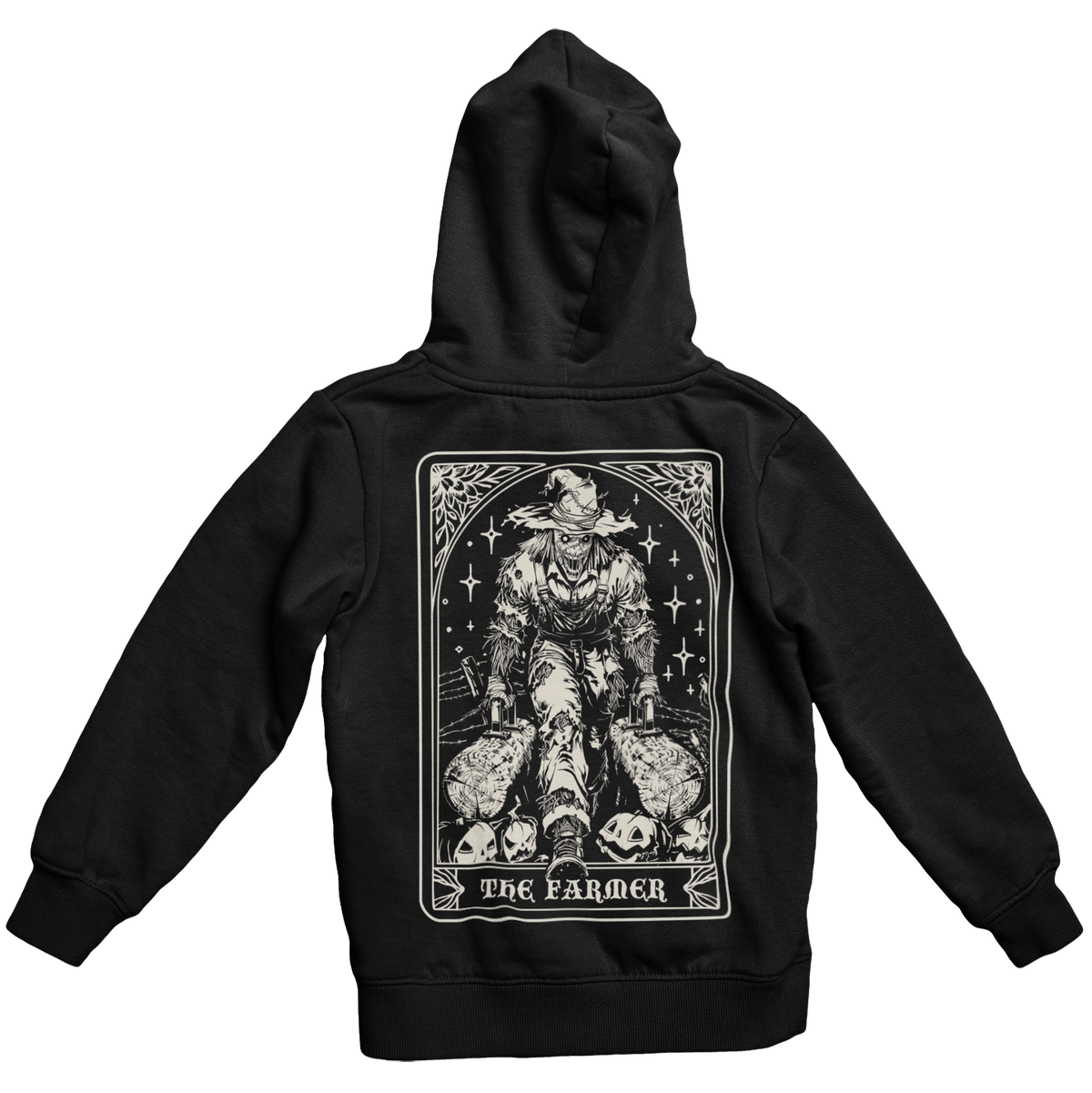 A black pullover hoodie shown from the back, featuring a large white graphic print of 'The Farmer' tarot card character on the back.