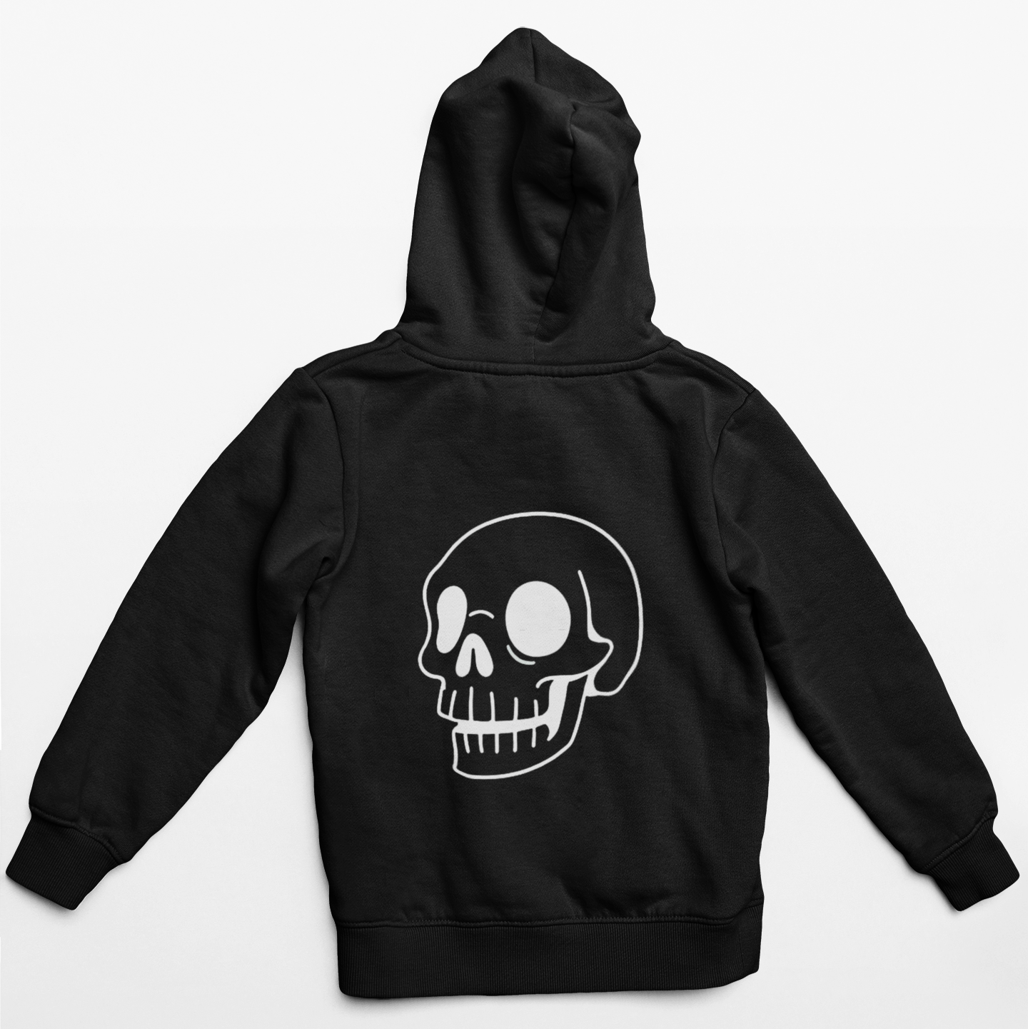 Black hoodie with a skull design on the back against a white background