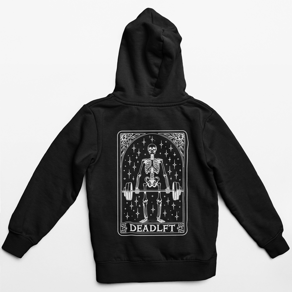 Black hoodie with a skeleton design and 'DEADLFT' text on the back, on a white background