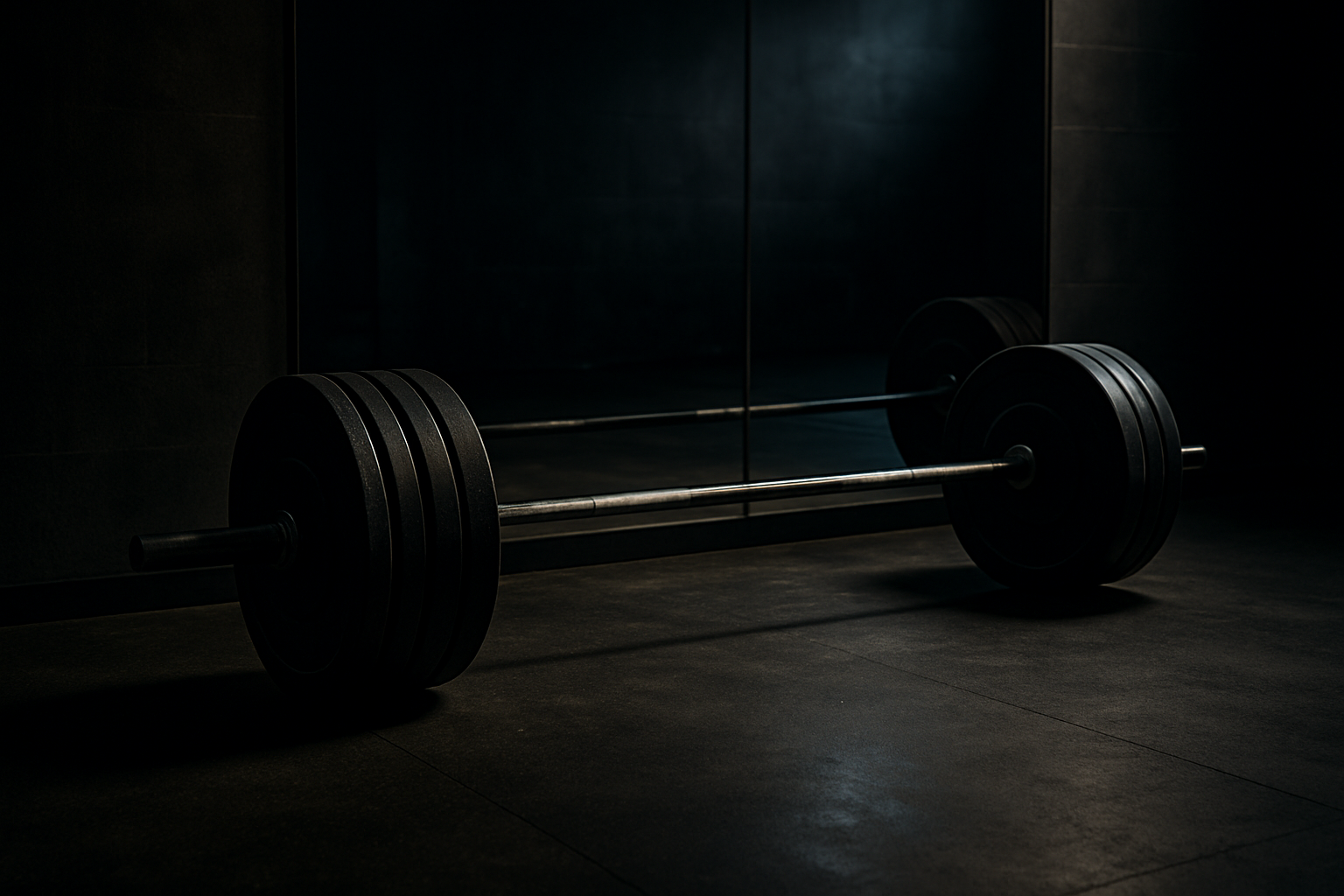 Deadlifting barbell set up in front of a gym mirror. dimly lit area. high resolution, realistic image