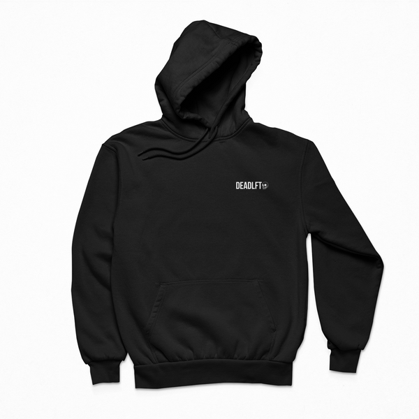Black hoodie with a small white logo on a white background