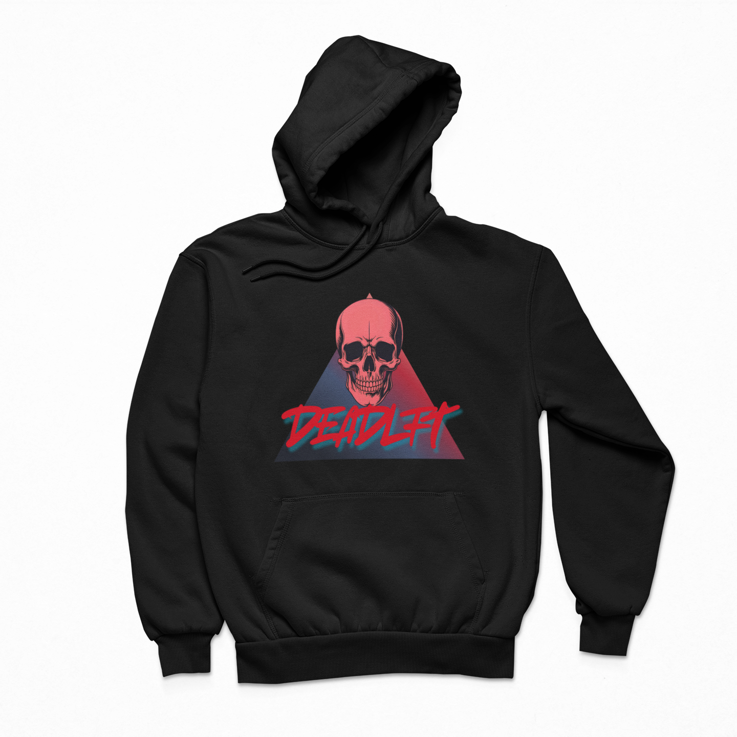 Black hoodie with a graphic design of a skull and text on a white background
