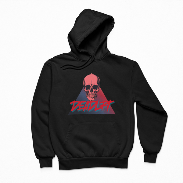 Black hoodie with a graphic design of a skull and text on a white background