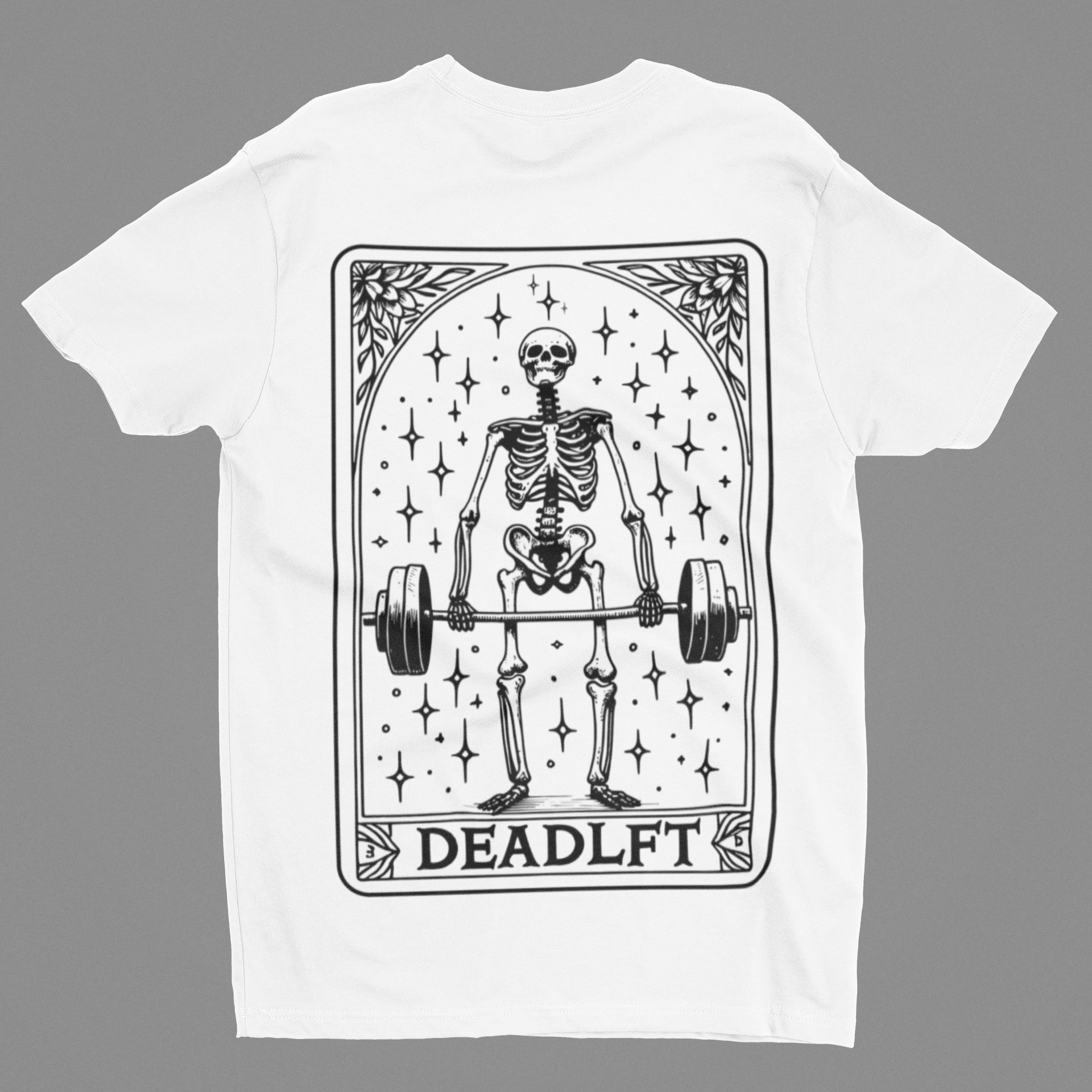 White t-shirt with a skeleton lifting weights graphic and 'DEADLF' text on a gray background