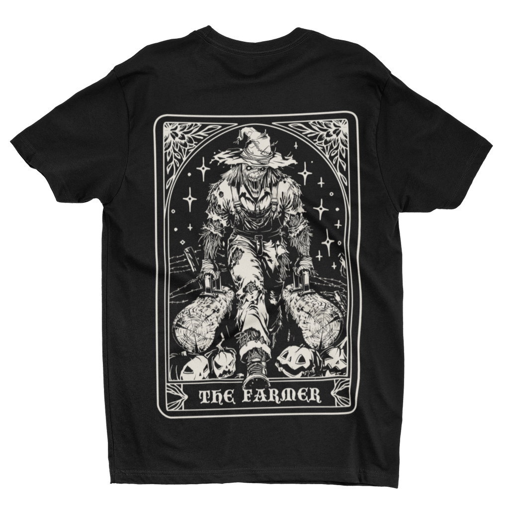 A black short-sleeve t-shirt with a large white graphic print on the front depicting 'The Farmer' tarot card illustration, shown against a plain white background.