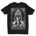 A black short-sleeve t-shirt with a large white graphic print on the front depicting 'The Farmer' tarot card illustration, shown against a plain white background.