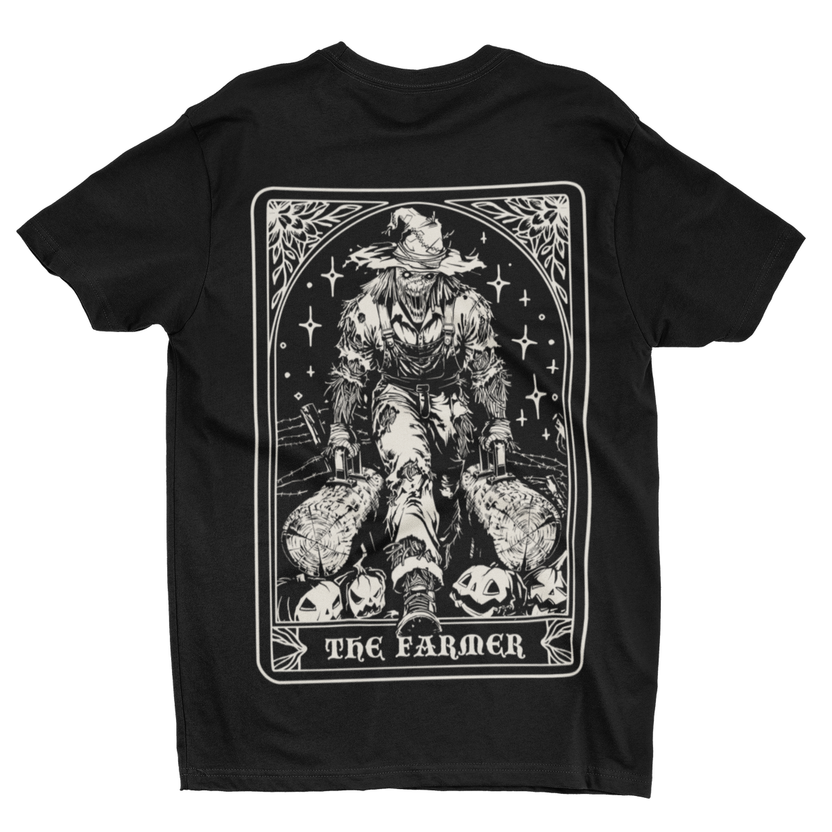 A black short-sleeve t-shirt with a large white graphic print on the front depicting 'The Farmer' tarot card illustration, shown against a plain white background.