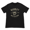 A black short-sleeve crewneck t-shirt with a distressed beige graphic on the front featuring a skull and the text 'DEADLFT SKELETON CREW EST. 2025'.