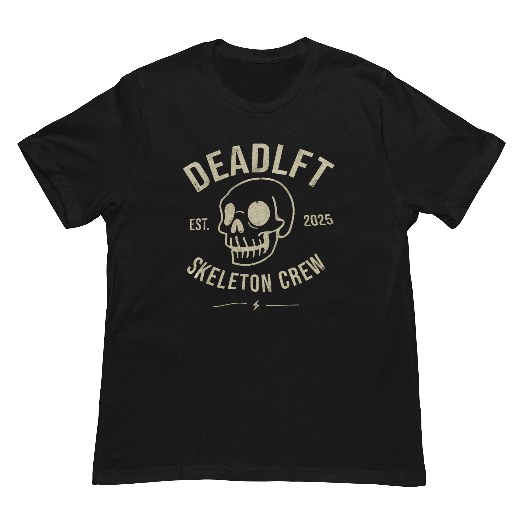 A black short-sleeve crewneck t-shirt with a distressed beige graphic on the front featuring a skull and the text 'DEADLFT SKELETON CREW EST. 2025'.